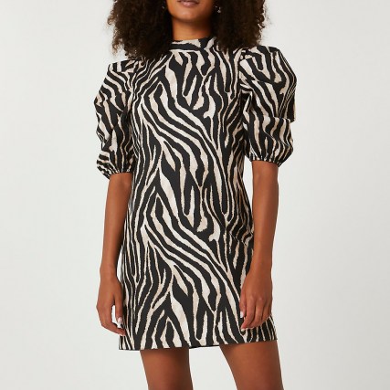 RIVER ISLAND Black puff sleeve animal print shift dress / zebra prints / monochrome dresses - flipped