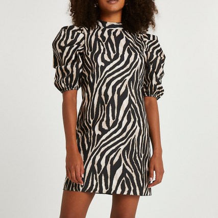 RIVER ISLAND Black puff sleeve animal print shift dress / zebra prints / monochrome dresses