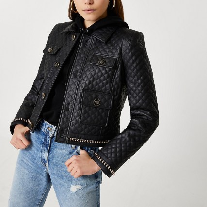 RIVER ISLAND Black RI branded pocket PU quilted jacket / womens logo detail jackets / cool casual outerwear - flipped