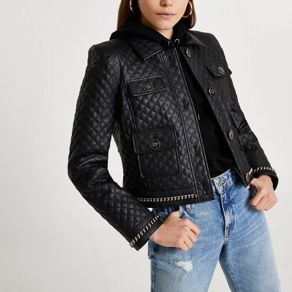 RIVER ISLAND Black RI branded pocket PU quilted jacket / womens logo detail jackets / cool casual outerwear