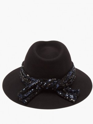 MAISON MICHEL Rico black sequinned wool-felt fedora hat / sequin embellished fedoras / womens hats