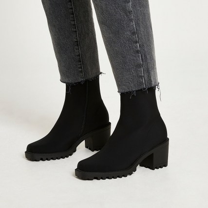 RIVER ISLAND Black sock boots ~ womens block heel footwear - flipped