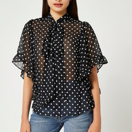 RIVER ISLAND Black spot print frill cape blouse top / sheer polka dot blouses - flipped