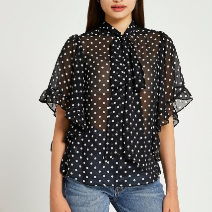 RIVER ISLAND Black spot print frill cape blouse top / sheer polka dot blouses