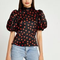 RIVER ISLAND Black spot print puff sleeve blouse top / polka dot blouses with high neck and short balloon sleeves