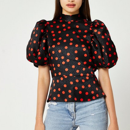 RIVER ISLAND Black spot print puff sleeve blouse top / polka dot blouses with high neck and short balloon sleeves - flipped