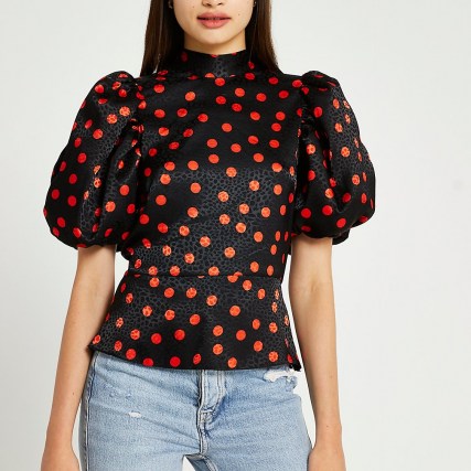 RIVER ISLAND Black spot print puff sleeve blouse top / polka dot blouses with high neck and short balloon sleeves