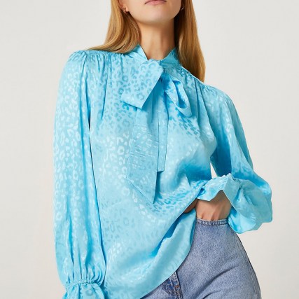 RIVER ISLAND Blue animal pussybow blouse / tie neck detail blouses / frill sleeve top - flipped
