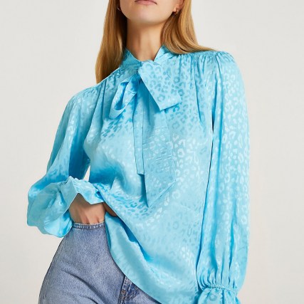 RIVER ISLAND Blue animal pussybow blouse / tie neck detail blouses / frill sleeve top