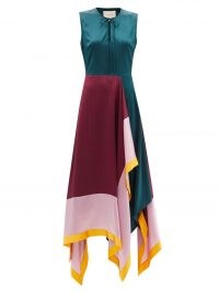 ROKSANDA Ceylon colour-block silk-satin dress ~ sleeveless asymmetric handkerchief hemline dresses ~ floaty draped occasion fashion