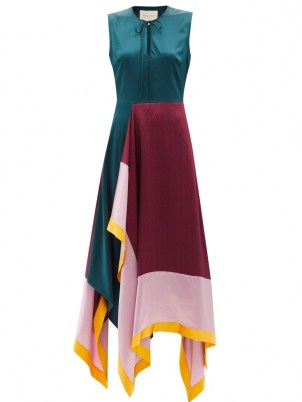 ROKSANDA Ceylon colour-block silk-satin dress ~ sleeveless asymmetric handkerchief hemline dresses ~ floaty draped occasion fashion - flipped