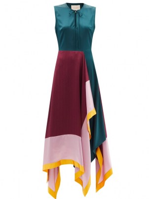 ROKSANDA Ceylon colour-block silk-satin dress ~ sleeveless asymmetric handkerchief hemline dresses ~ floaty draped occasion fashion