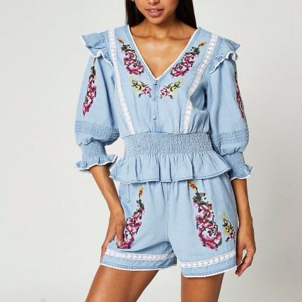 RIVER ISLAND Blue floral embroidered frill denim blouse / womens folk style blouses / ruffled fashion - flipped