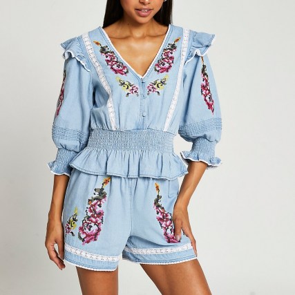 RIVER ISLAND Blue floral embroidered frill denim blouse / womens folk style blouses / ruffled fashion