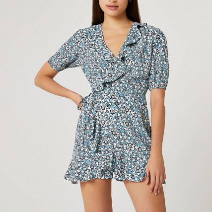 RIVER ISLAND Blue floral print frill detail playsuit / ruffle trim wrap style playsuits - flipped