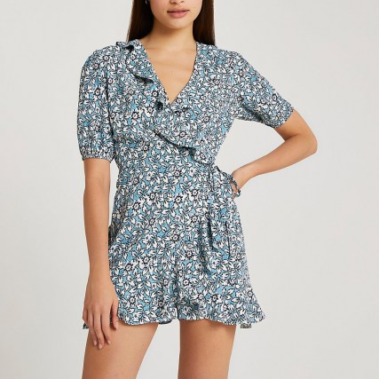 RIVER ISLAND Blue floral print frill detail playsuit / ruffle trim wrap style playsuits