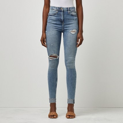 River Island Blue high waisted ripped skinny sculpt jeans | womens distressed denim skinnies - flipped