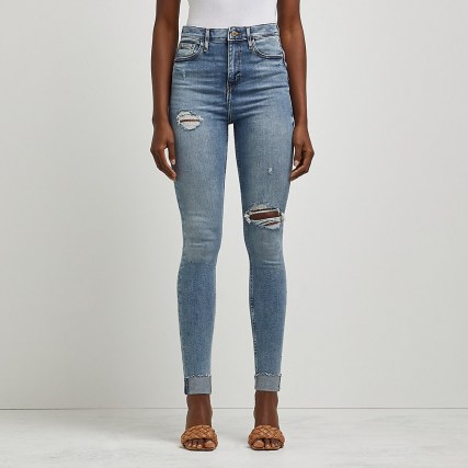 River Island Blue high waisted ripped skinny sculpt jeans | womens distressed denim skinnies