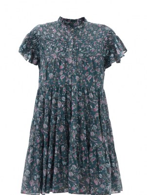 ISABEL MARANT ÉTOILE Lanikaye floral-print cotton-voile mini dress ~ floaty tiered hem boho dresses ~ feminine ruffle neck ~ flutter cap sleeve