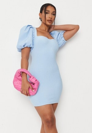 MISSGUIDED blue rib puff sleeve bandage mini dress ~ fitted going out evening dresses - flipped