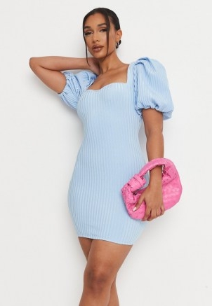 MISSGUIDED blue rib puff sleeve bandage mini dress ~ fitted going out evening dresses