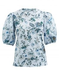 ERDEM Theodora Hogarth-print poplin top in blue ~ womens romantic fashion ~ floral puff sleeve tops