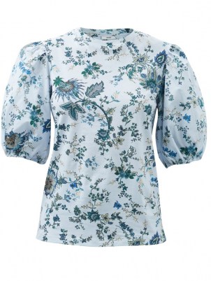 ERDEM Theodora Hogarth-print poplin top in blue ~ womens romantic fashion ~ floral puff sleeve tops - flipped