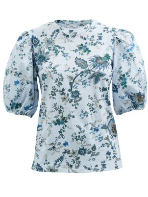 ERDEM Theodora Hogarth-print poplin top in blue ~ womens romantic fashion ~ floral puff sleeve tops