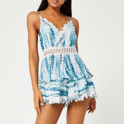 RIVER ISLAND Blue tie dye lace trim playsuit / womens strappy tiered playsuits / women’s cami strap rompers - flipped