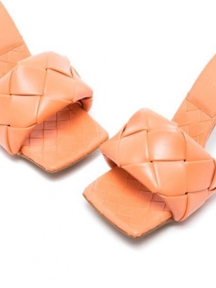 Bottega Veneta Lido maxi 90mm sandals in papaya orange / luxe square toe woven detail stiletto heel mules