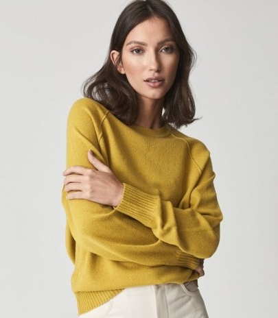 REISS BRIA WOOL CASHMERE BLEND JUMPER GREEN ~ womens luxe crew neck jumpers ~ casual knitwear