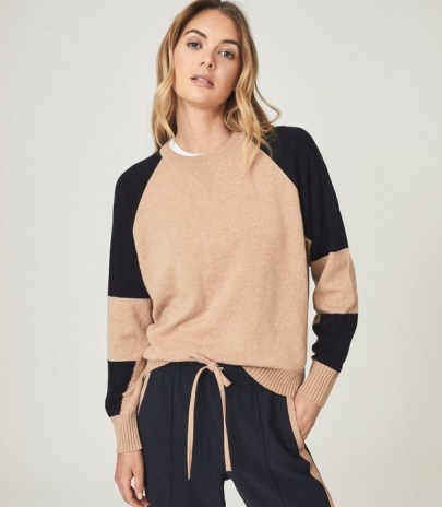 REISS BRIA WOOL CASHMERE BLEND JUMPER NAVY/CAMEL ~ womens chic colour block jumpers ~ women’s crew neck sweaters - flipped