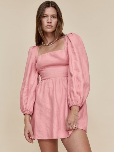 REFORMATION Brodie Linen Dress / pink square neck fitted bodice balloon sleeve dresses - flipped