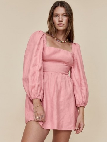 REFORMATION Brodie Linen Dress / pink square neck fitted bodice balloon sleeve dresses