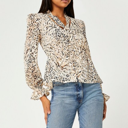 RIVER ISLAND Brown animal print frill blouse top - flipped
