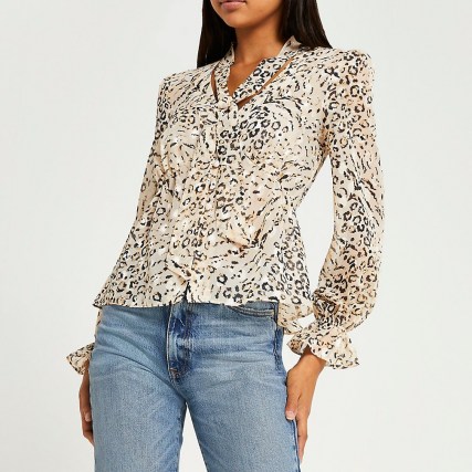 RIVER ISLAND Brown animal print frill blouse top