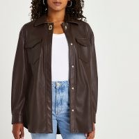RIVER ISLAND Brown faux leather overshirt ~ women’s on trend overshirts ~ womens fashionable shirts