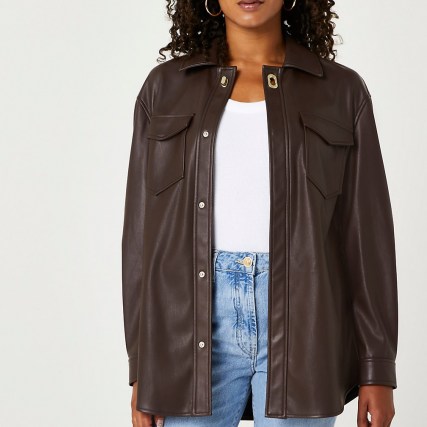 RIVER ISLAND Brown faux leather overshirt ~ women’s on trend overshirts ~ womens fashionable shirts - flipped
