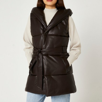 RIVER ISLAND Brown faux leather quilted padded gilet ~ womens sleeveless tie waist jackets ~ women’s hooded gilets - flipped