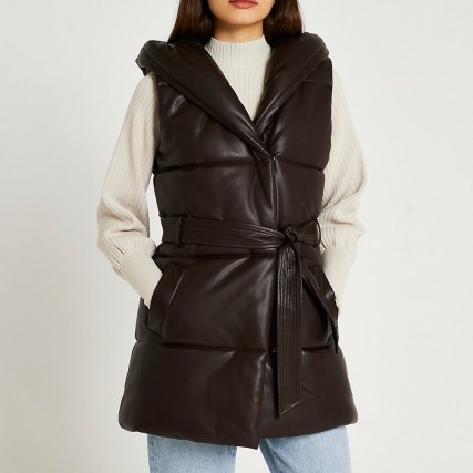 RIVER ISLAND Brown faux leather quilted padded gilet ~ womens sleeveless tie waist jackets ~ women’s hooded gilets