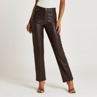 RIVER ISLAND Brown faux leather straight leg trouser ~ womens fashionable luxe style trousers