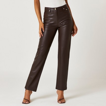 RIVER ISLAND Brown faux leather straight leg trouser ~ womens fashionable luxe style trousers - flipped