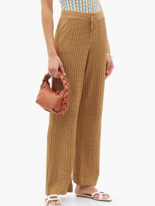 DODO BAR OR Gail flared eyelet-striped trousers in brown ~ womens knitted and wavy eyeletted stripe drawstring waist trousers - flipped