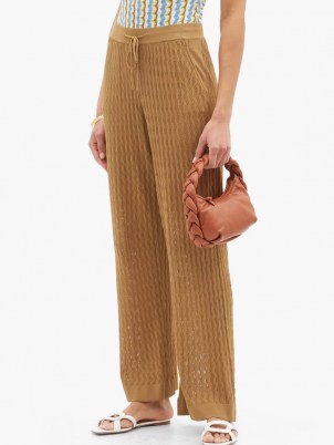 DODO BAR OR Gail flared eyelet-striped trousers in brown ~ womens knitted and wavy eyeletted stripe drawstring waist trousers