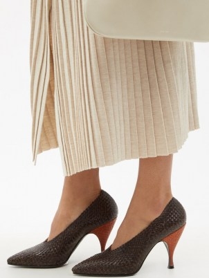 THE ROW Lady D brown woven-leather pumps ~ womens high vamp courts ~ designer point-toe court shoes - flipped