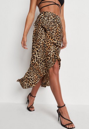 MISSGUIDED brown leopard print wrap around ruffle midi skirt ~ womens ruffled animal print skirts - flipped