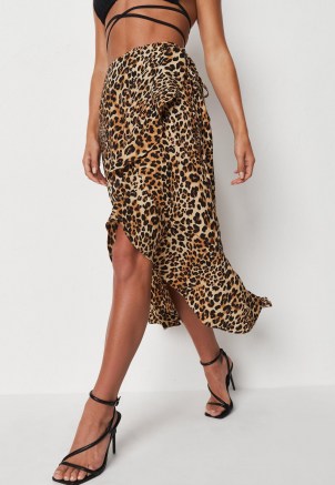 MISSGUIDED brown leopard print wrap around ruffle midi skirt ~ womens ruffled animal print skirts