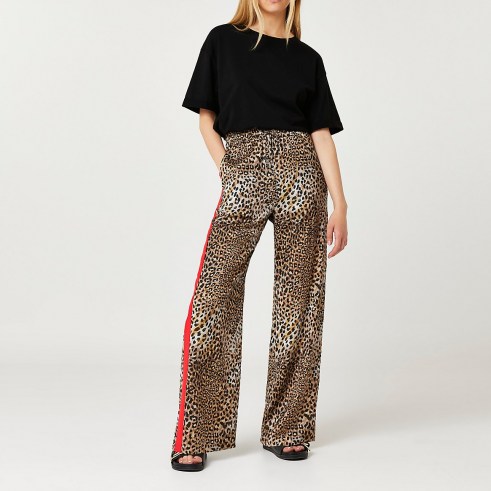 RIVER ISLAND Brown leopard side stripe wide leg trouser ~ womens casual animal print trousers - flipped
