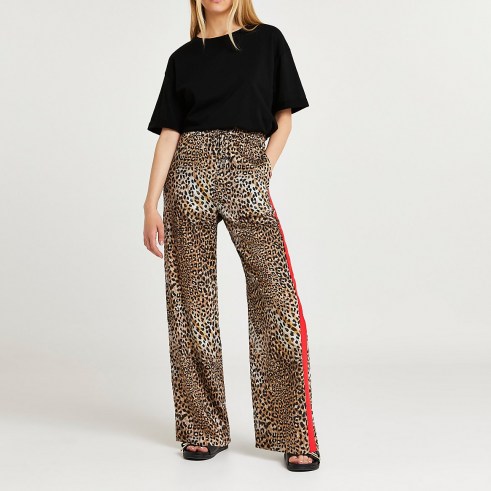 RIVER ISLAND Brown leopard side stripe wide leg trouser ~ womens casual animal print trousers