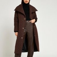 RIVER ISLAND Brown longline quilted padded coat ~ women’s oversized collar coats